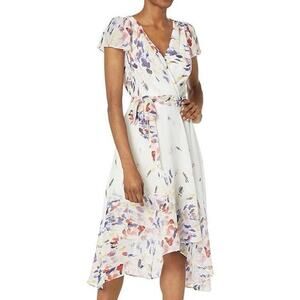 DKNY, Flutter sleeve floral print Faux wrap, A line Midi, Size 12, $75, B59